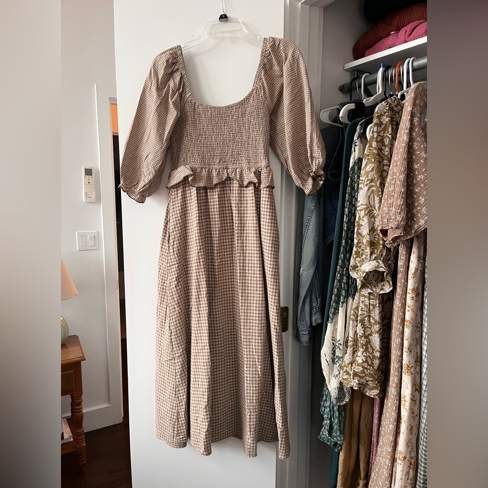 Neuflora Etta dress in tan gingham, women’s XS